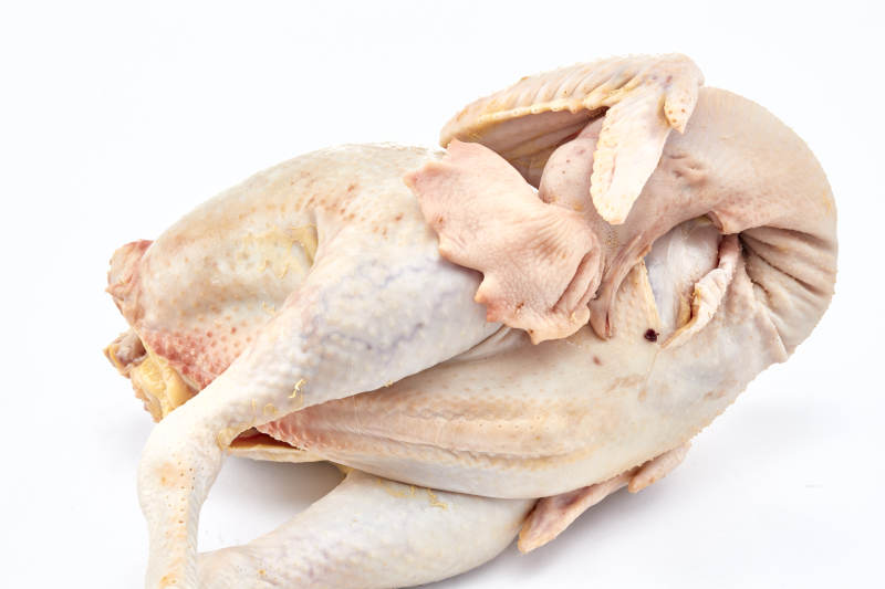 摆放在白色背景上的生鲜鸡肉整鸡