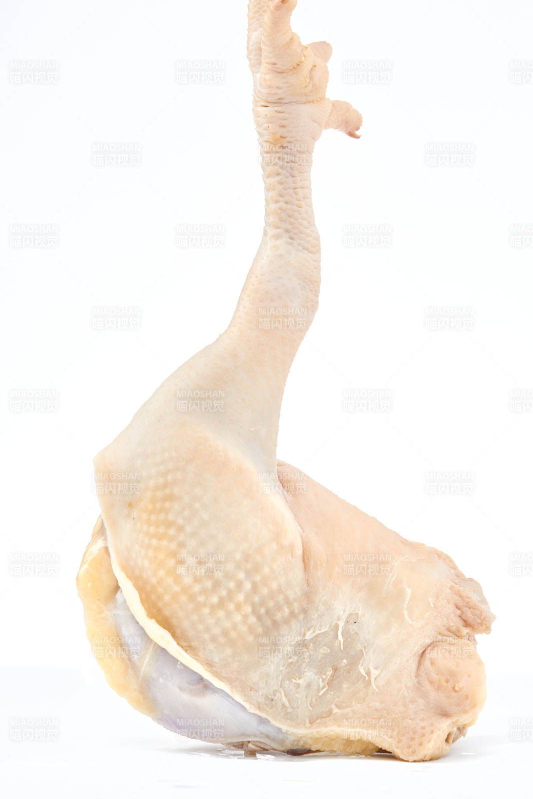 擺放在白色背景上分切好的生鮮雞腿