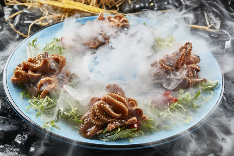 布滿干冰的餐具裝的醬燜小八爪章魚