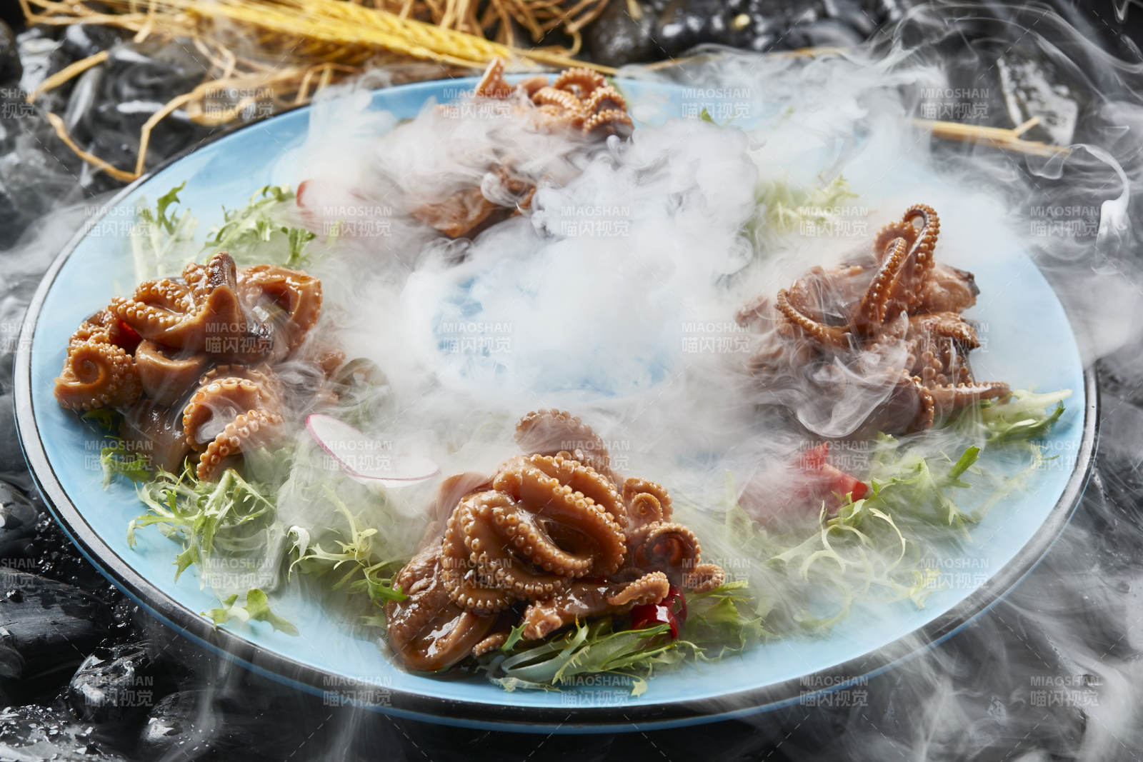 布滿干冰的餐具裝的醬燜小八爪章魚