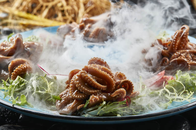 布滿干冰的餐具裝的醬燜小八爪章魚