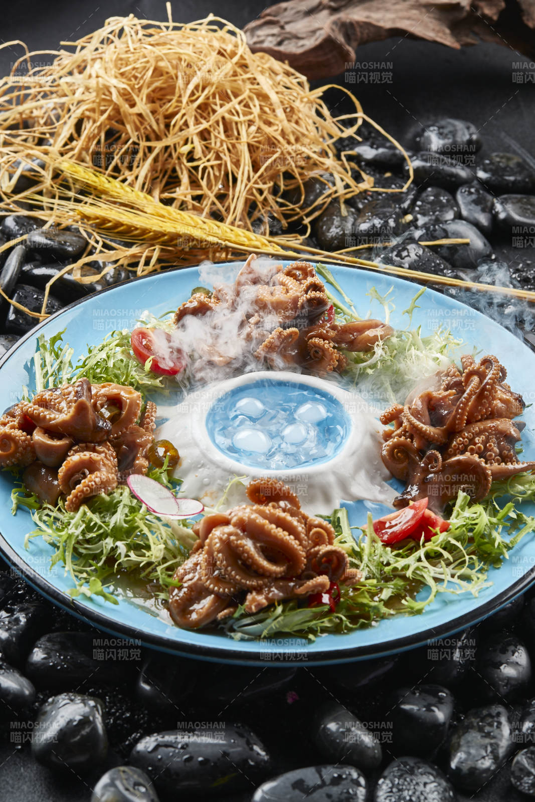 布满干冰的餐具装的酱焖小八爪章鱼