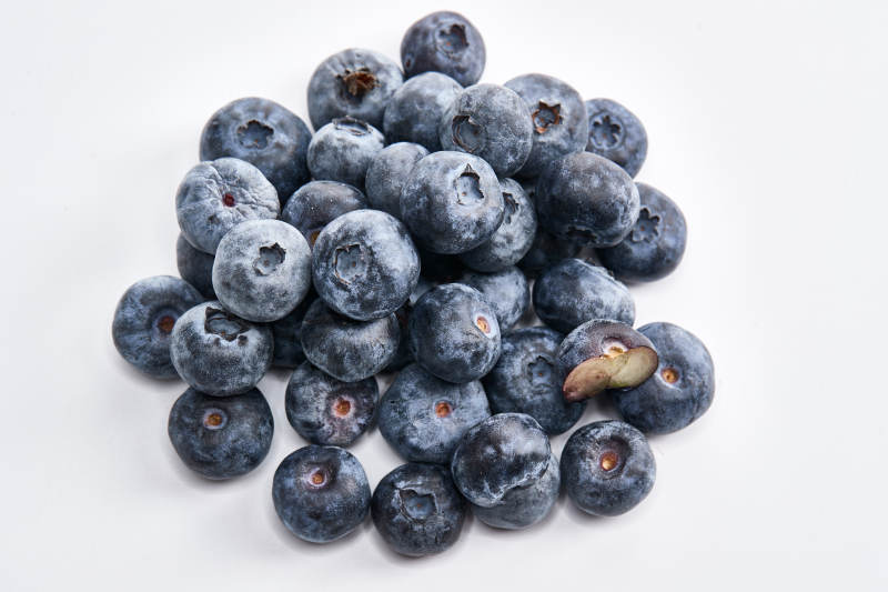 白色背景上摆放的水润新鲜蓝莓果