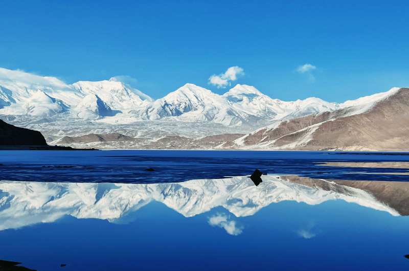 新疆雪山倒影湖中