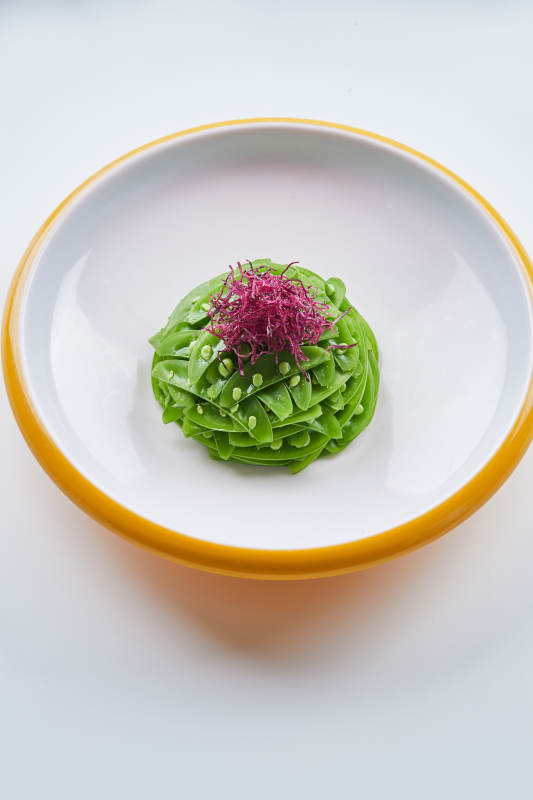 精美瓷餐具装的心里美萝卜丝配腌蜜豆