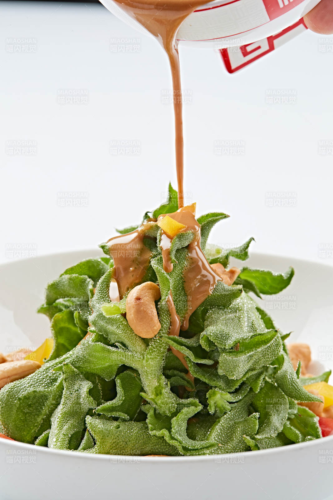 白色瓷盤裝的麻醬涼拌穿心蓮