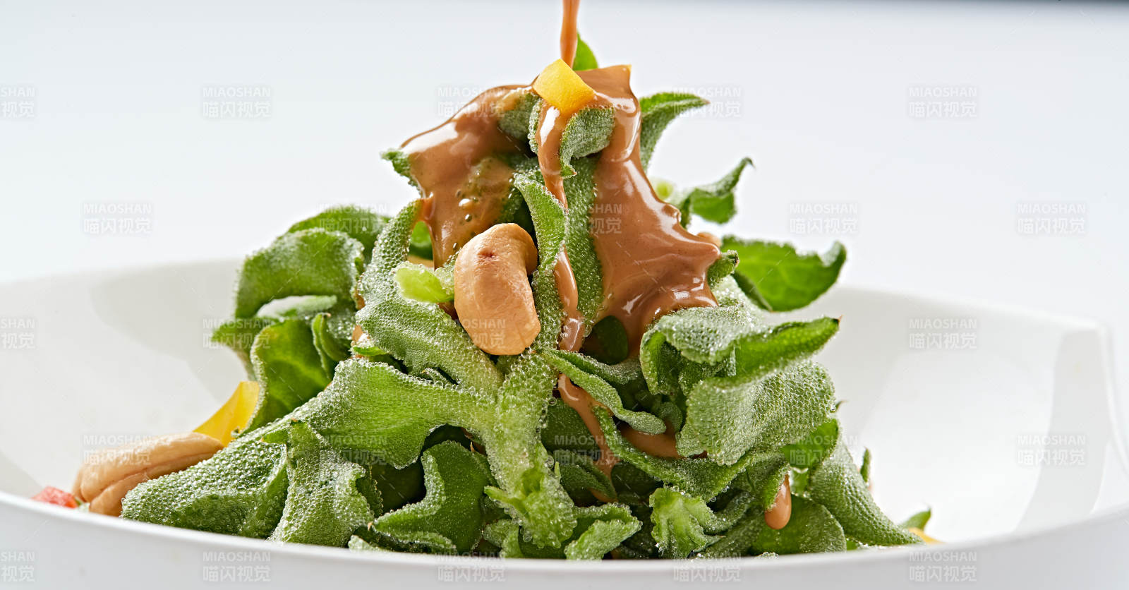 白色瓷盤裝的麻醬涼拌穿心蓮