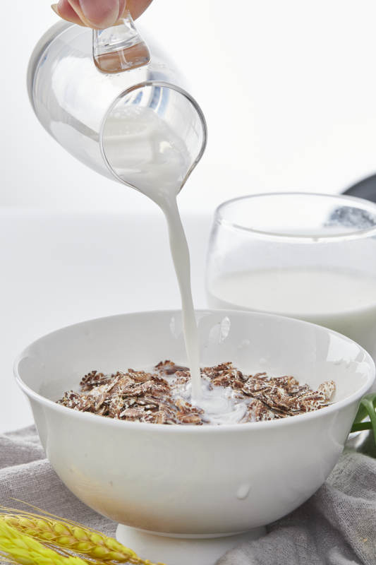 向装满低脂黑燕麦片的碗中倾倒牛奶