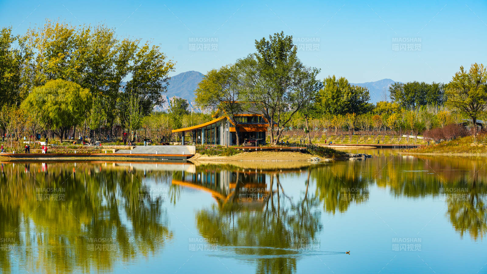 北京玉河湿地公园湖畔秋景如画