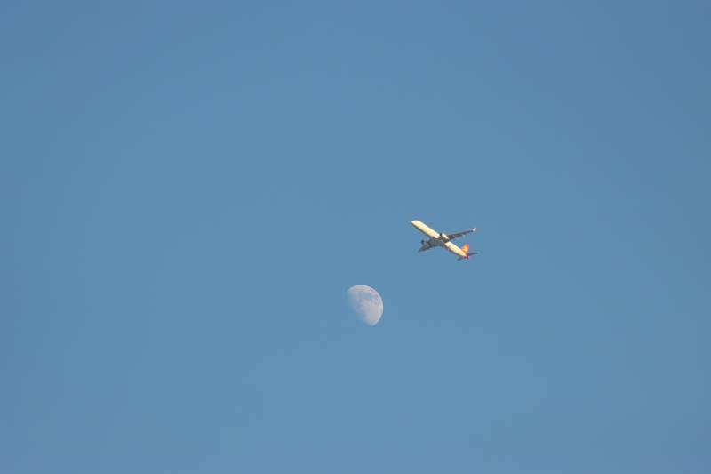 钱塘湿地公园钱塘江边飞机掠过月亮