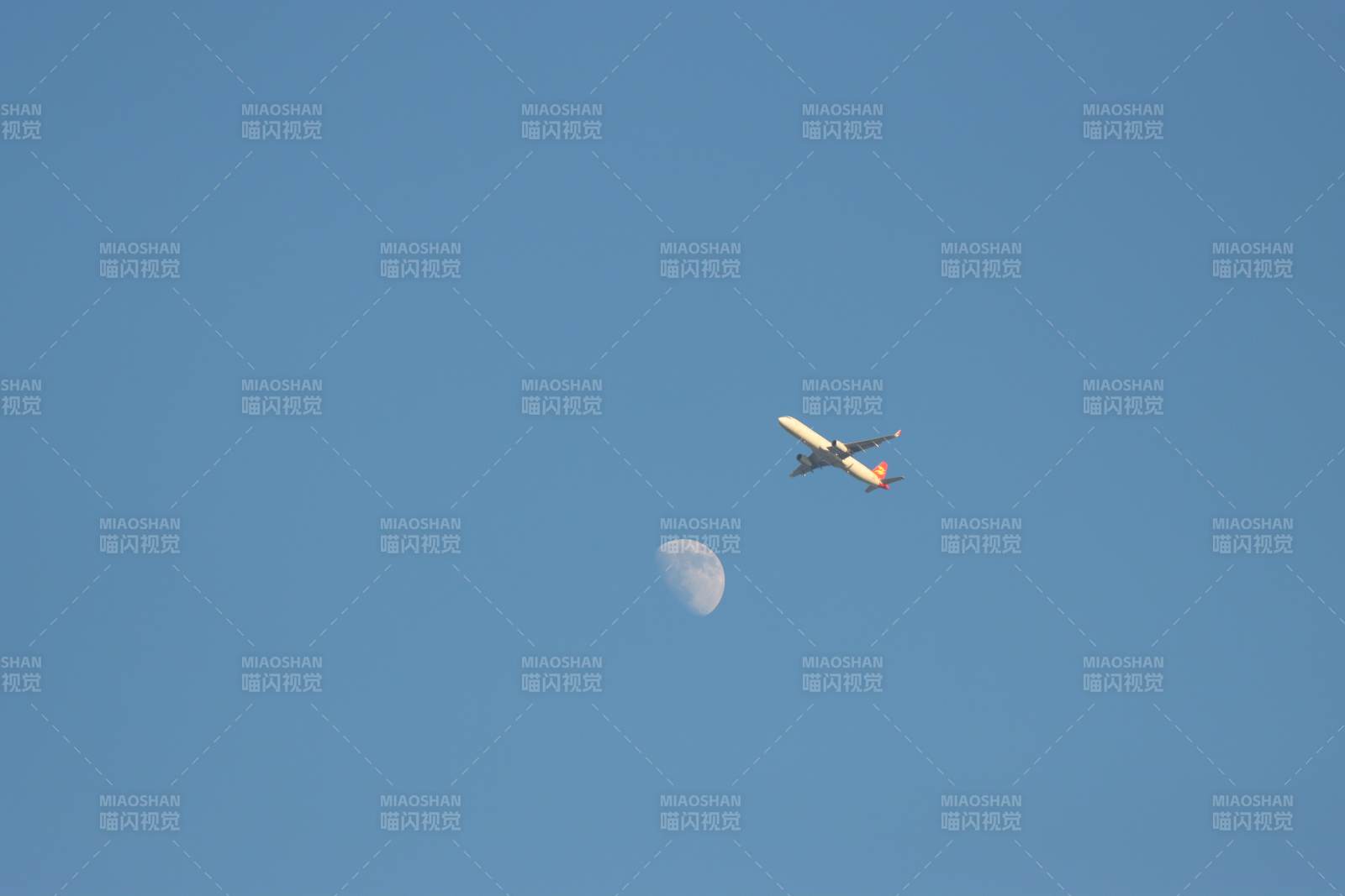 钱塘湿地公园钱塘江边飞机掠过月亮