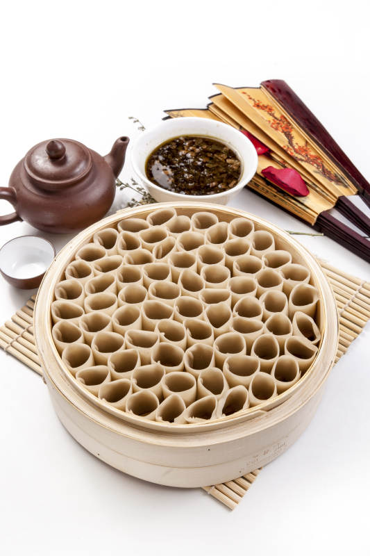 竹蒸笼与茶具静物