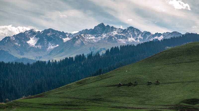雪山草原骑马图