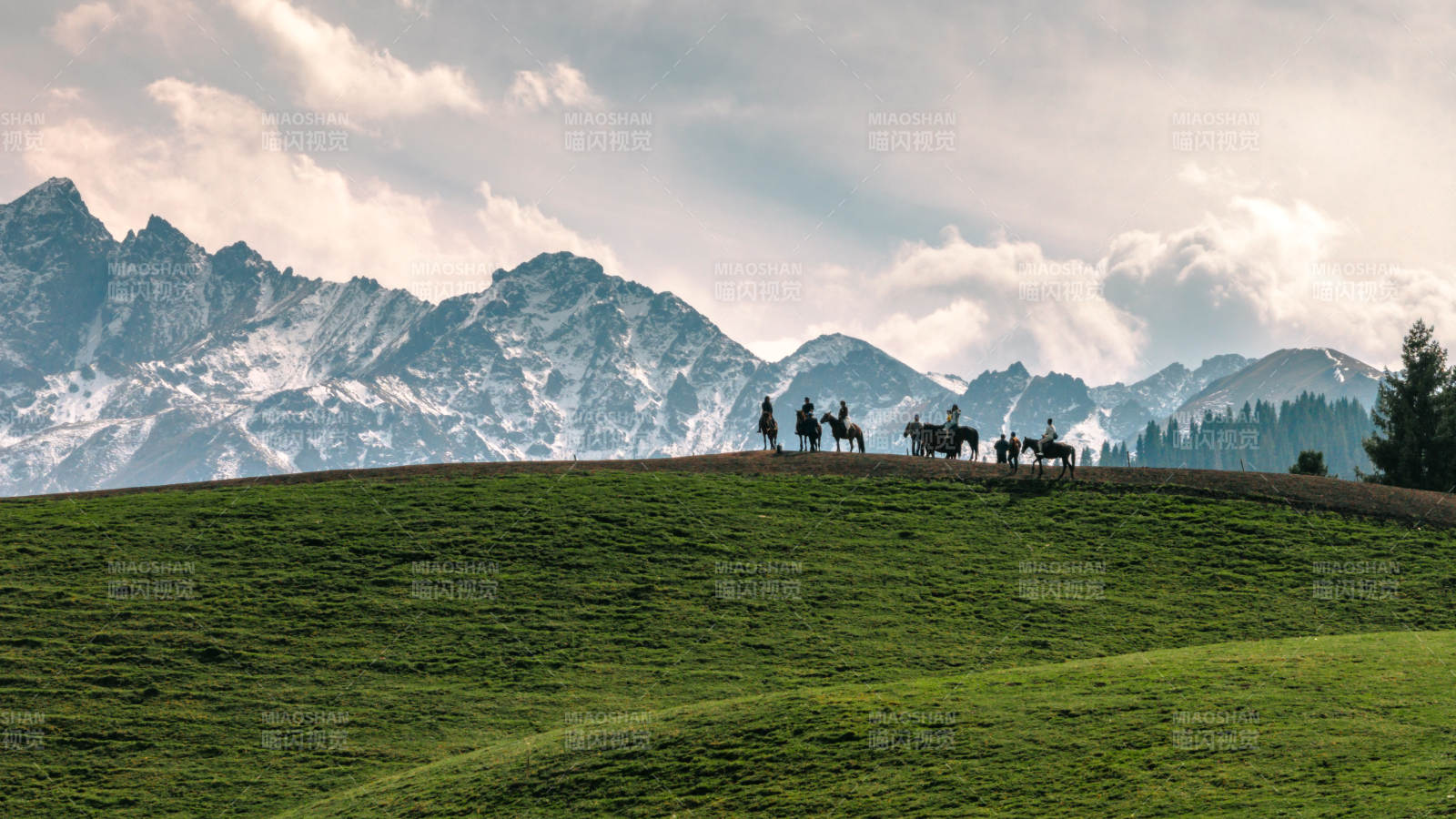 雪山草原騎馬圖