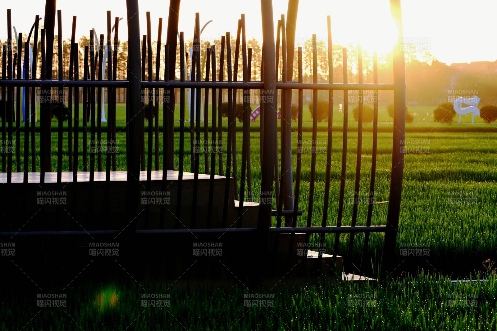 夕阳下的铁栅栏