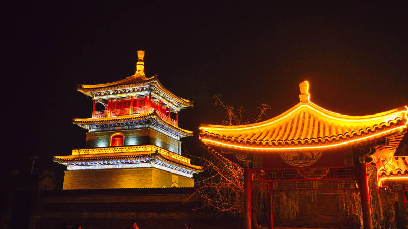 夜色中的古塔與廟宇