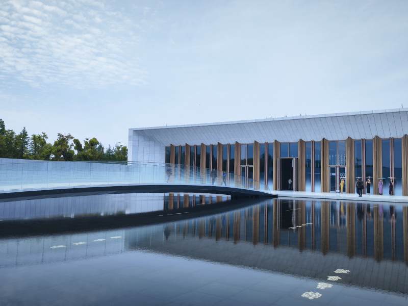 现代建筑倒影湖景 | 言子书院