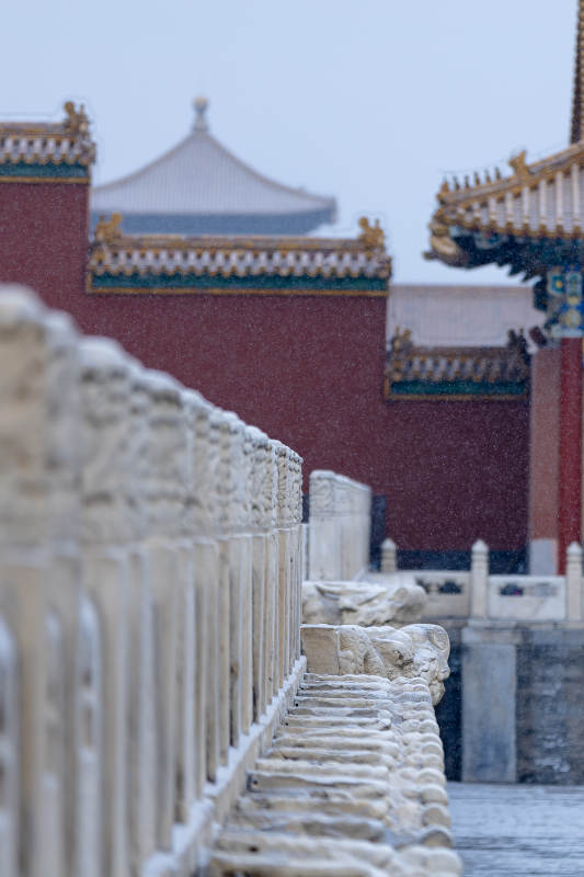 雪中故宫桥影-摄影图