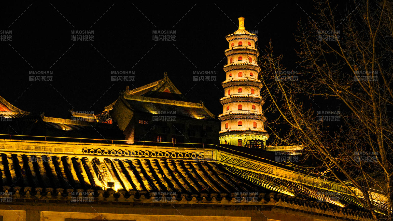 夜色中的古塔与殿宇-摄影图