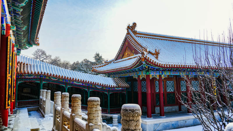 雪中古建筑美景-摄影图