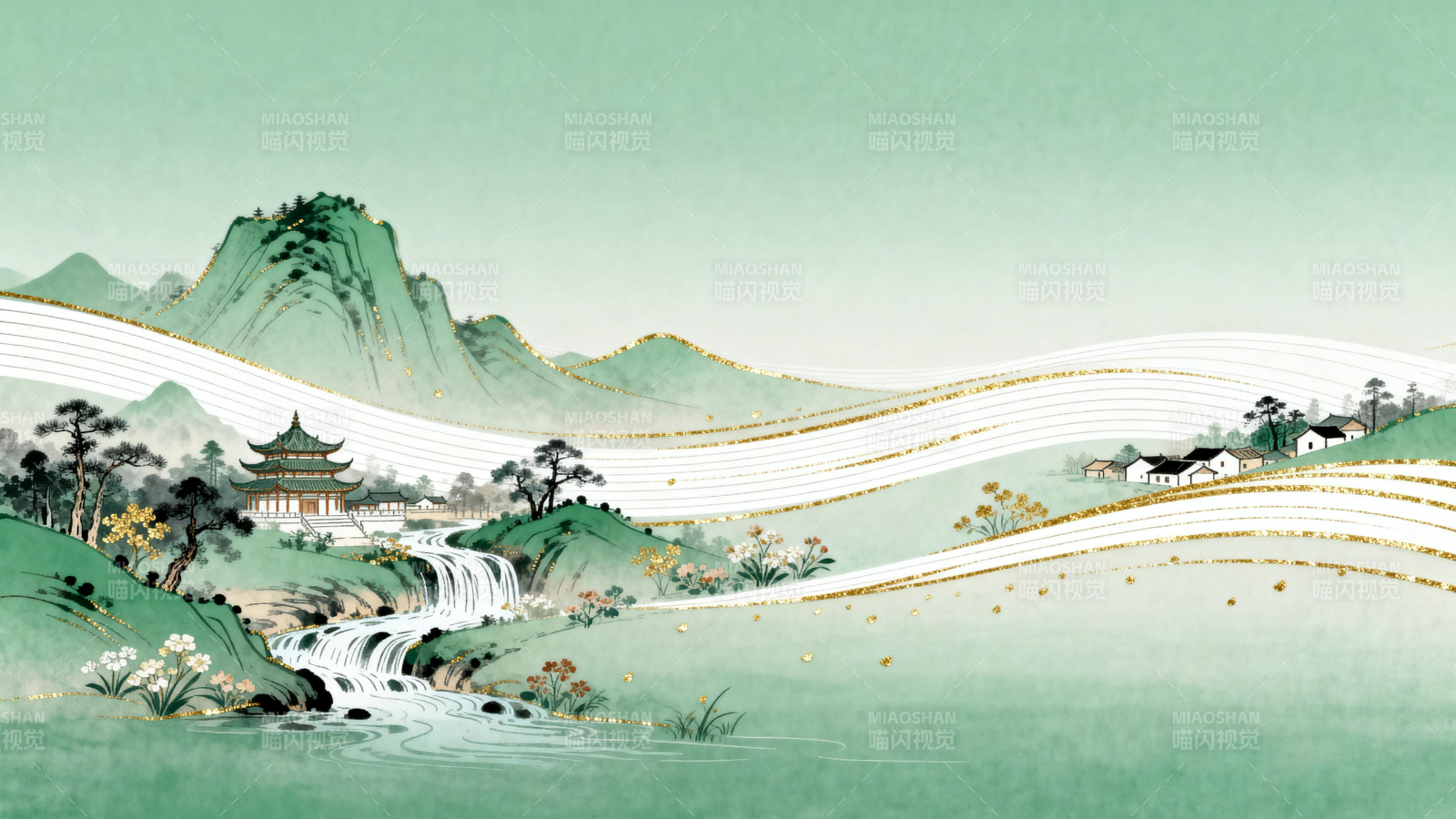 中國風山水畫卷背景圖-圖片