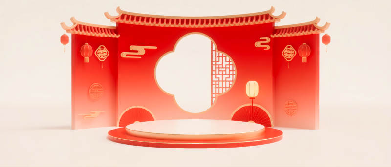 中式紅門迎春景-圖片