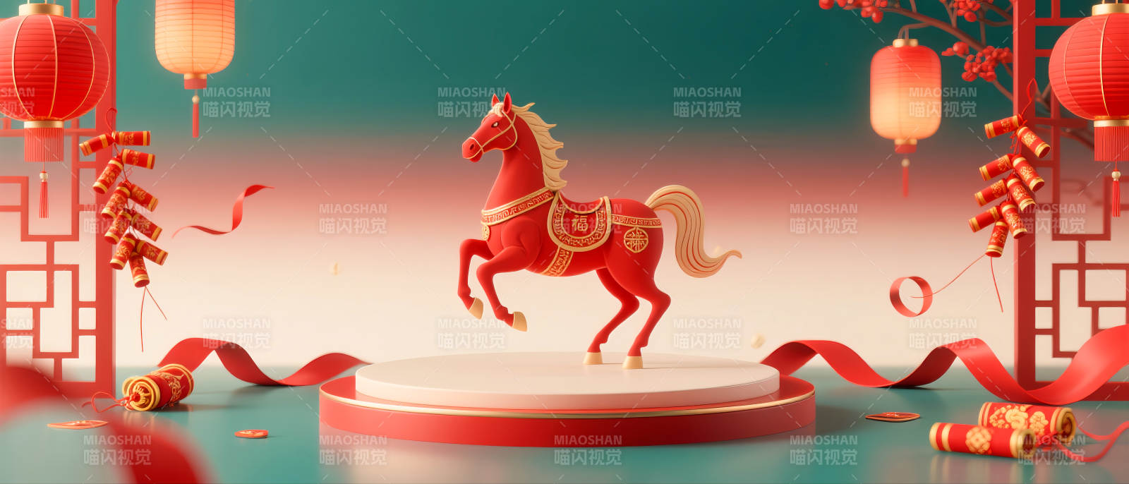 马年红色国潮风电商场景图-图片