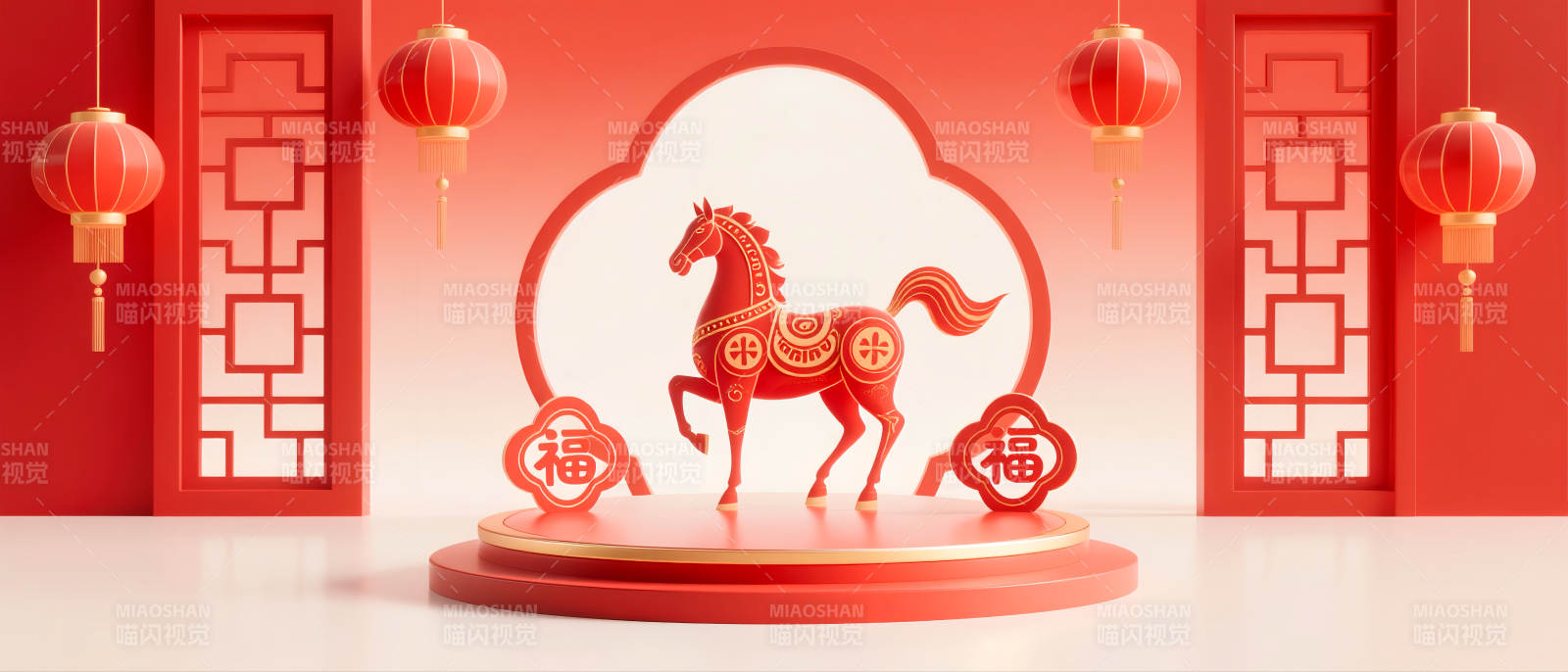 马年红色国潮风电商场景图-图片