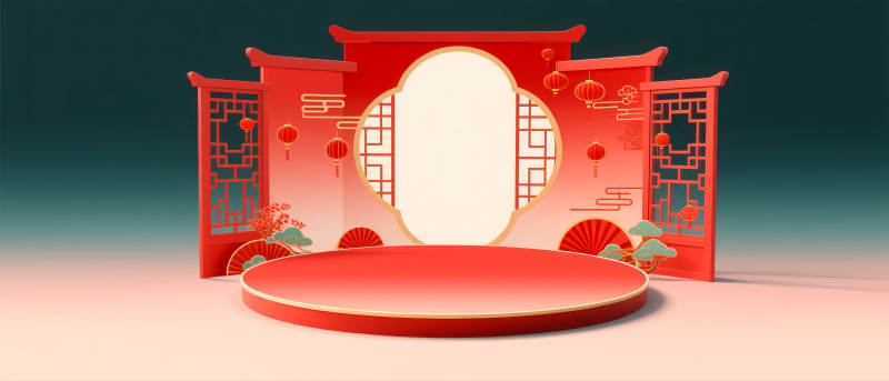 中式紅門迎春景-圖片