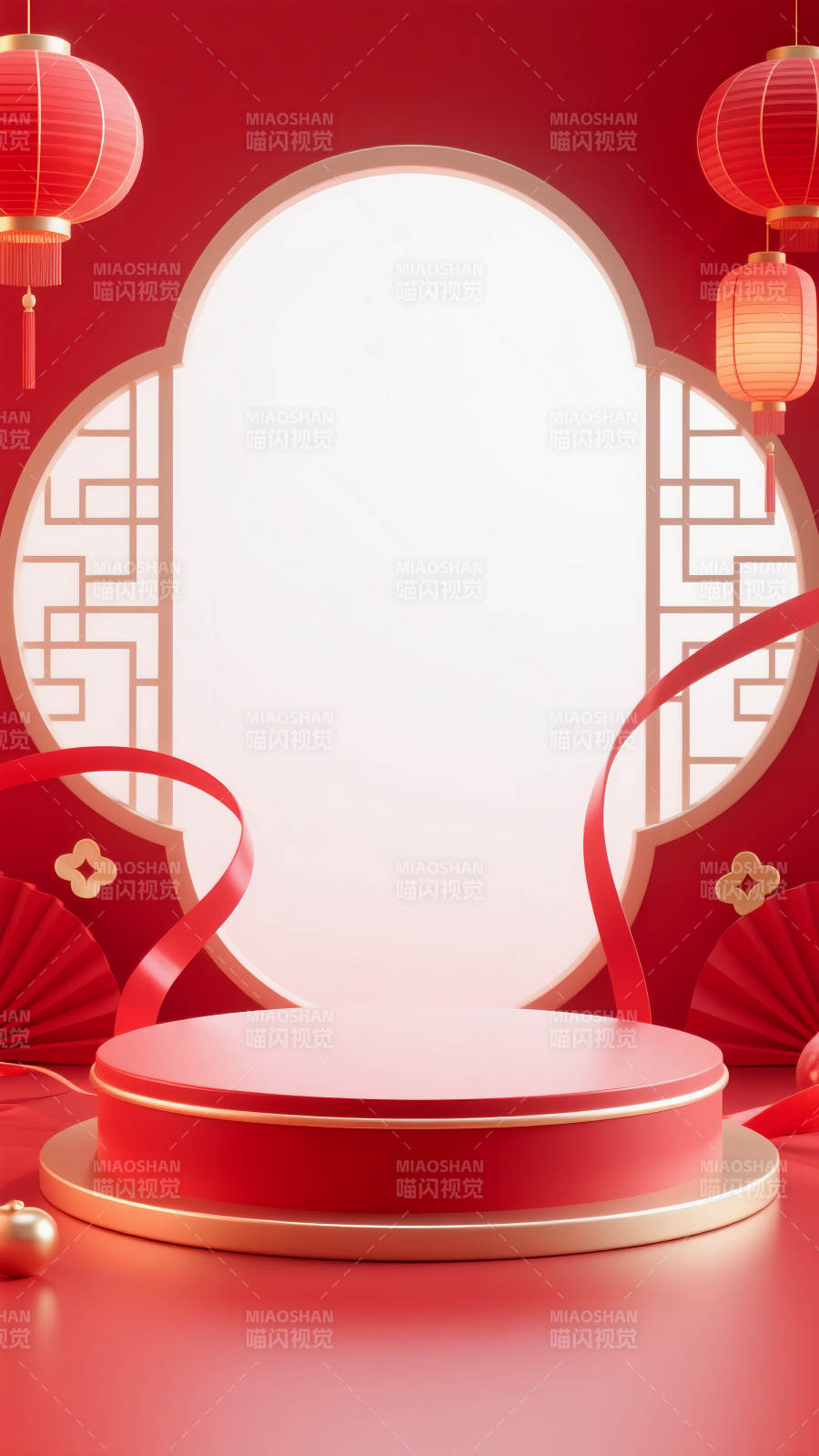 紅韻新春舞臺電商背景-圖片