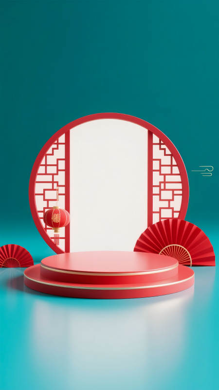 中式紅扇舞臺電商場景圖-圖片