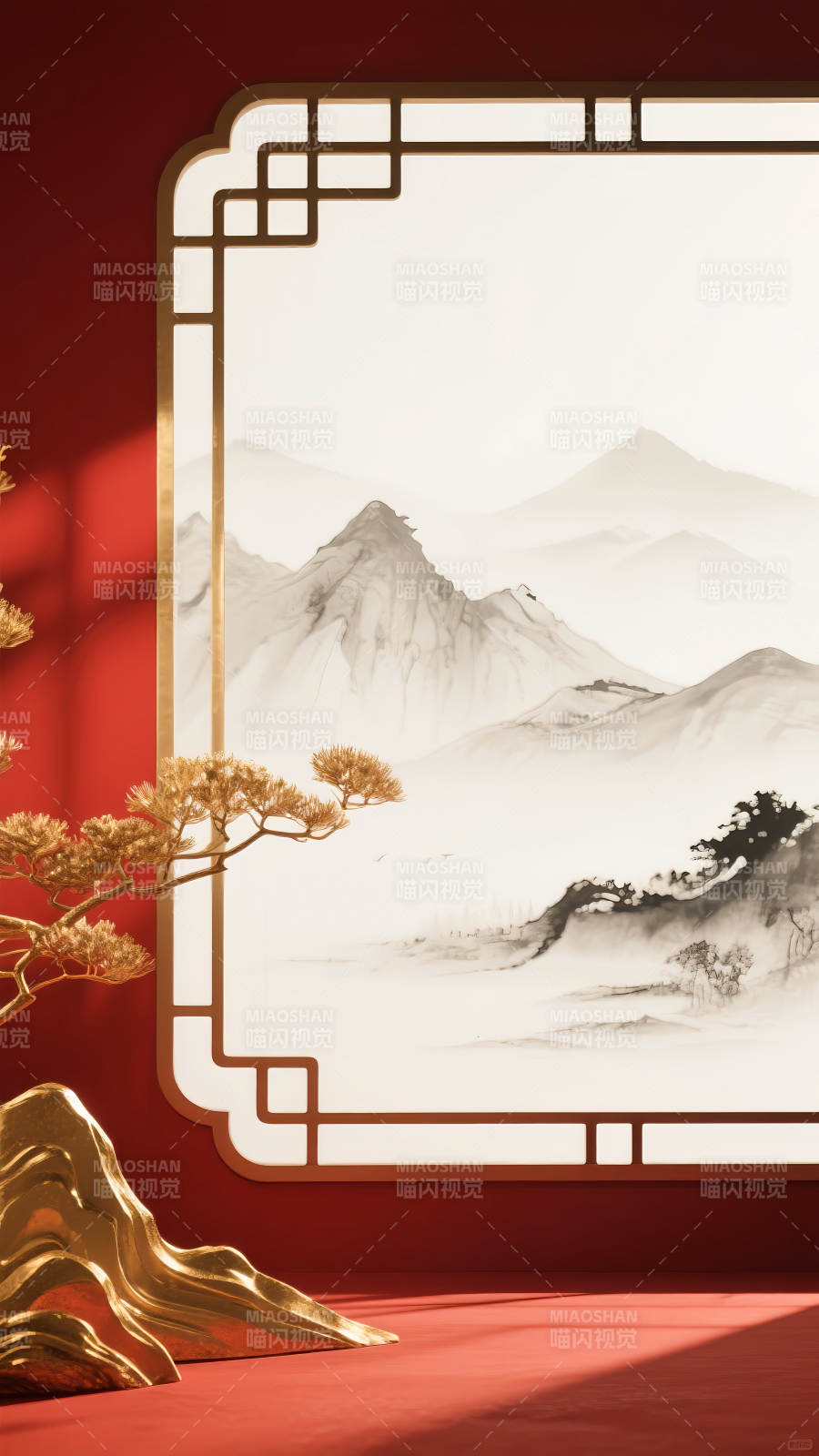 紅金中式山水畫意境圖-圖片