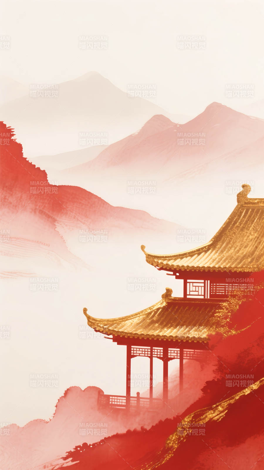 紅金水墨山水樓閣圖-圖片