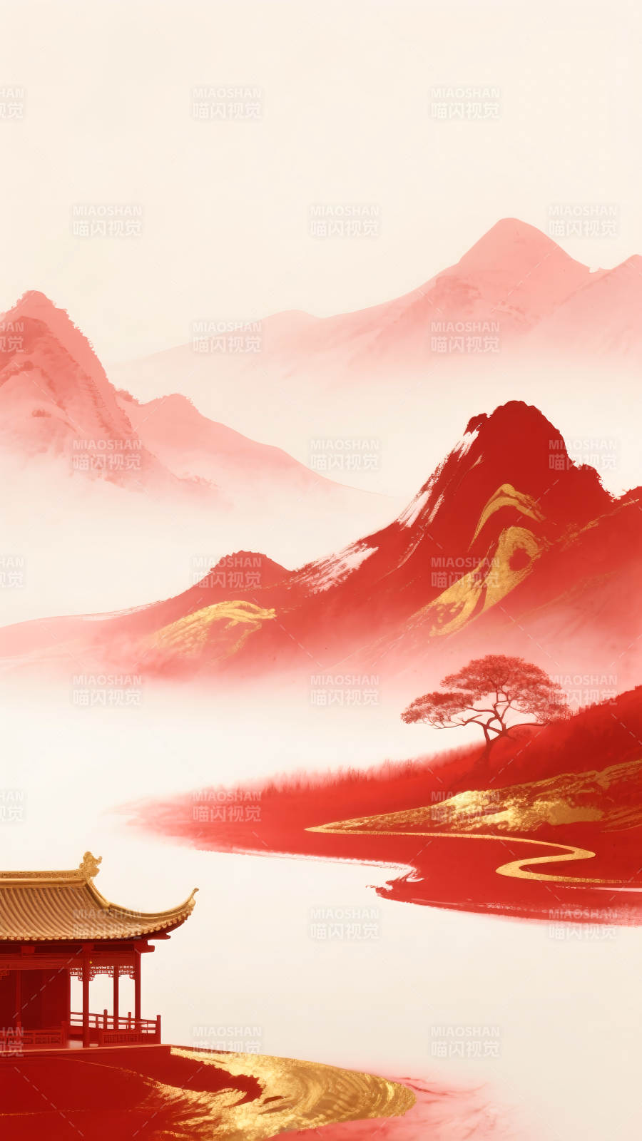 紅金高級山水紅韻插畫背景-圖片