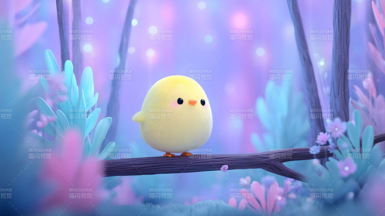 可爱小鸡栖息在树枝上图片