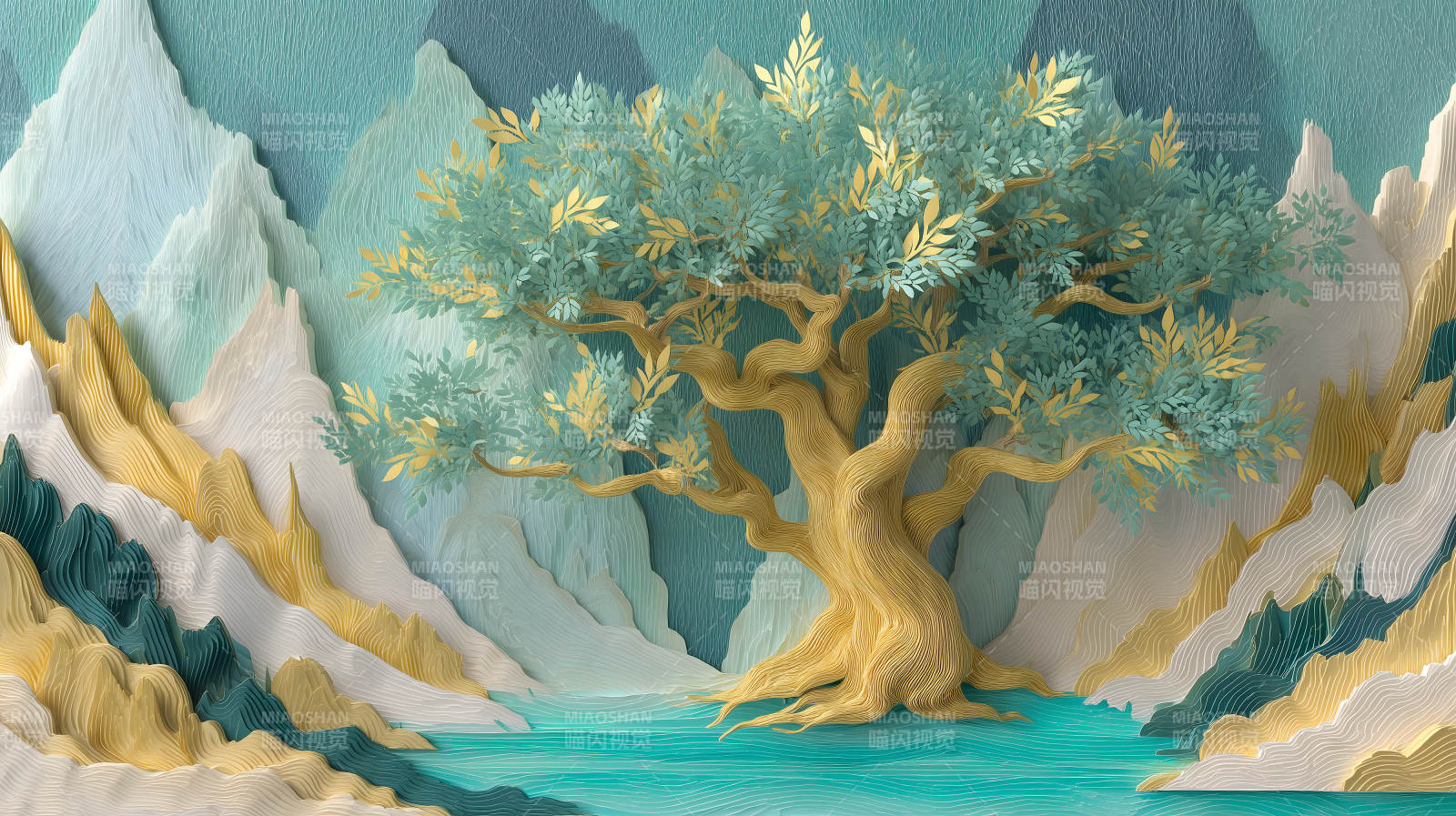 树木山水风景画图片