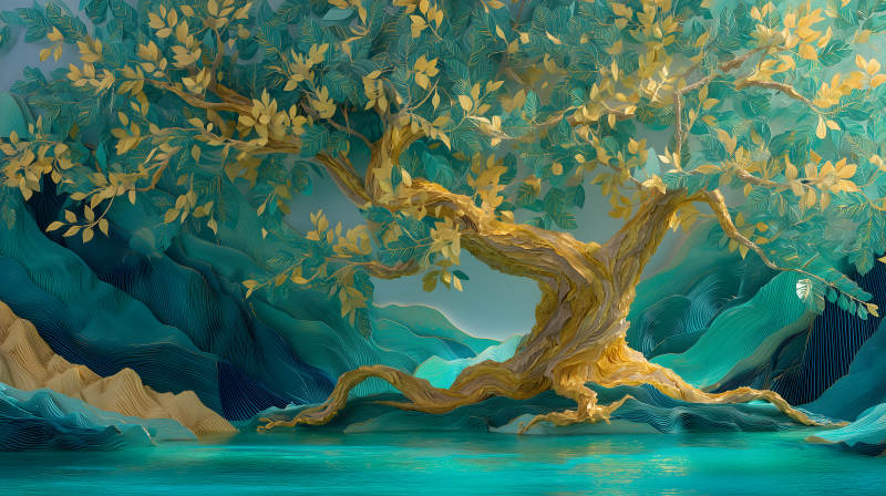 金色树木与湖泊-图片