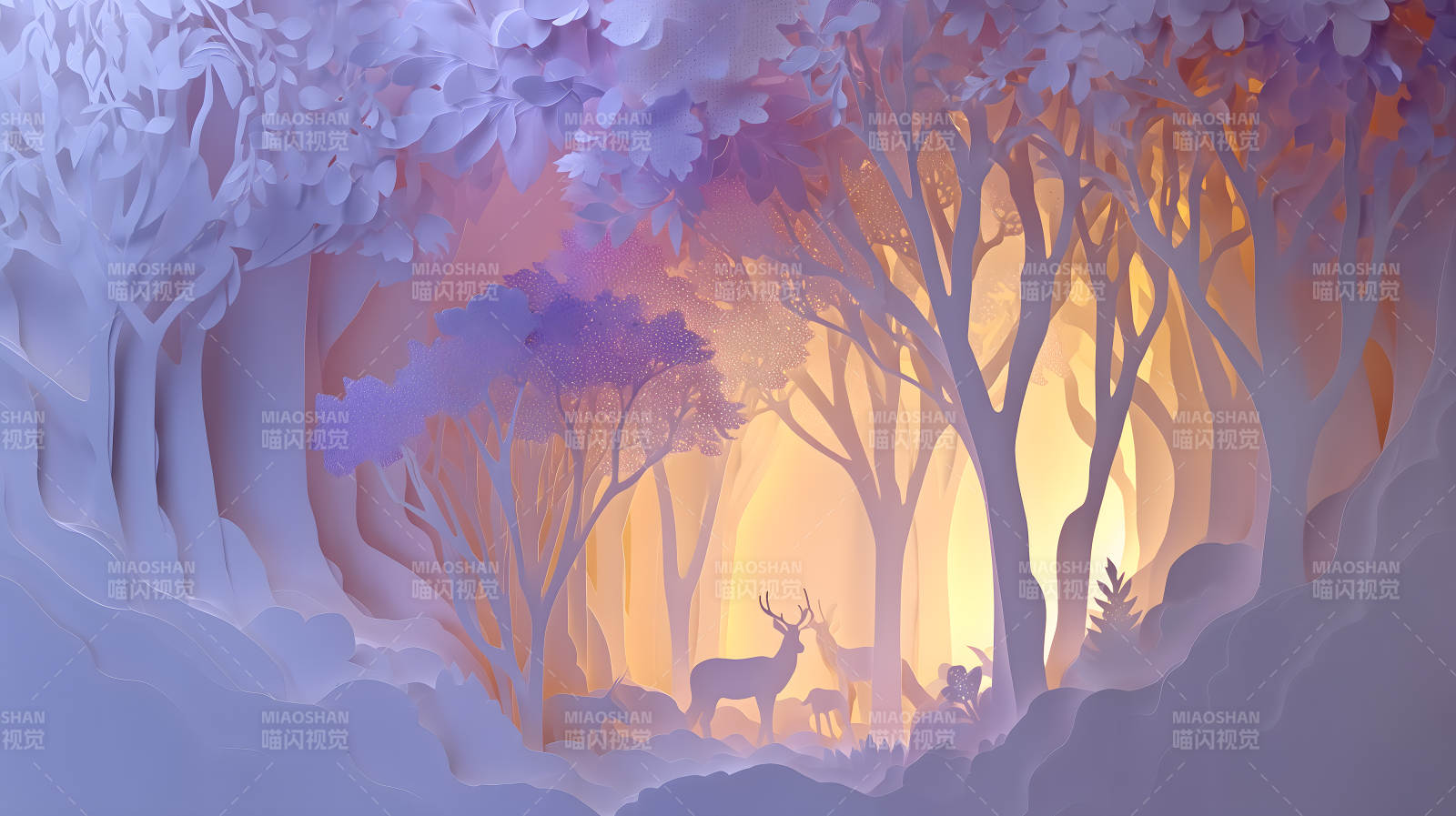 纸雕森林中的鹿群-图片