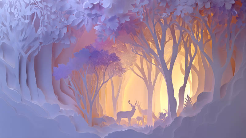 纸雕森林中的鹿群-图片