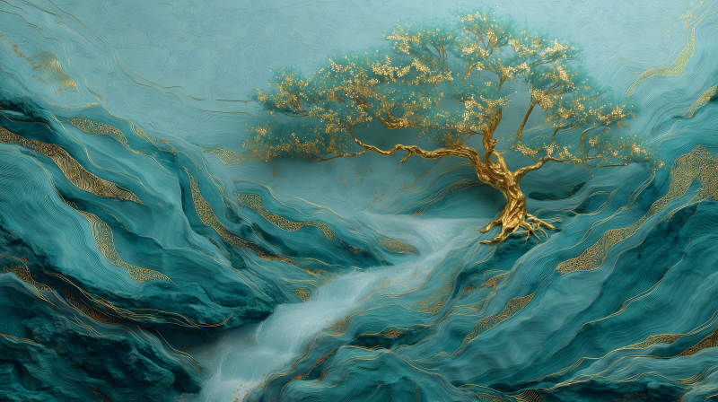 金色树木蓝色山川-图片