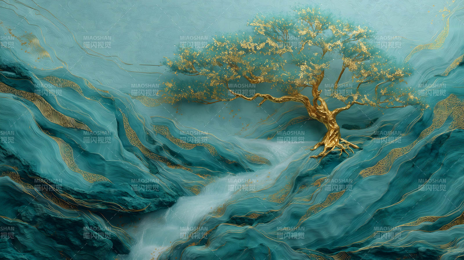 金色樹木藍色山川圖片