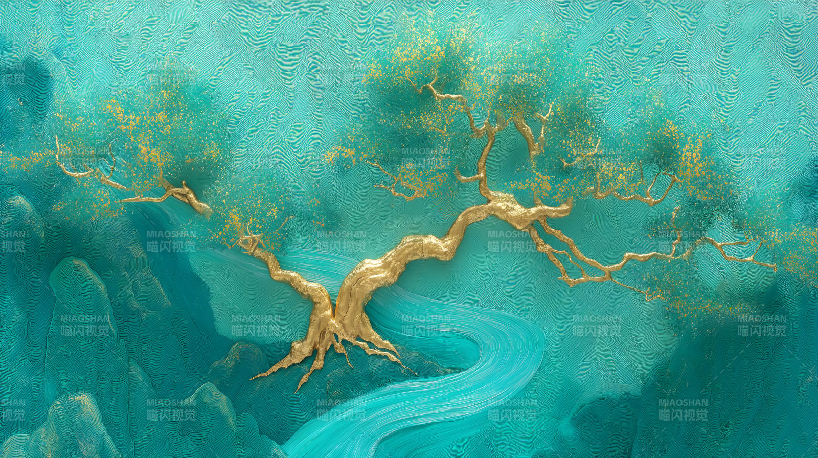 金色樹木環繞流水風景圖片