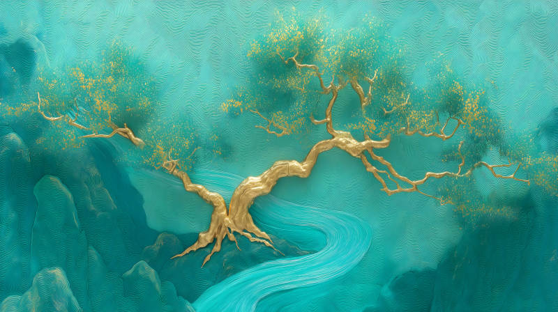 金色树木环绕流水风景-图片