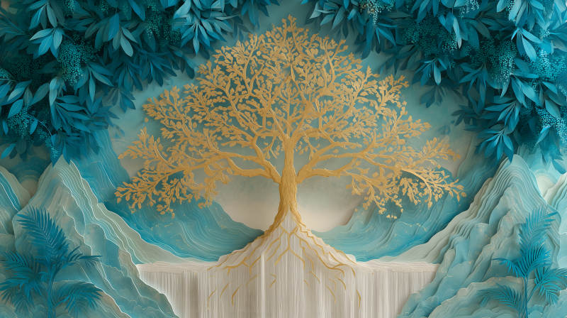 金树与蓝叶构成唯美景象-图片