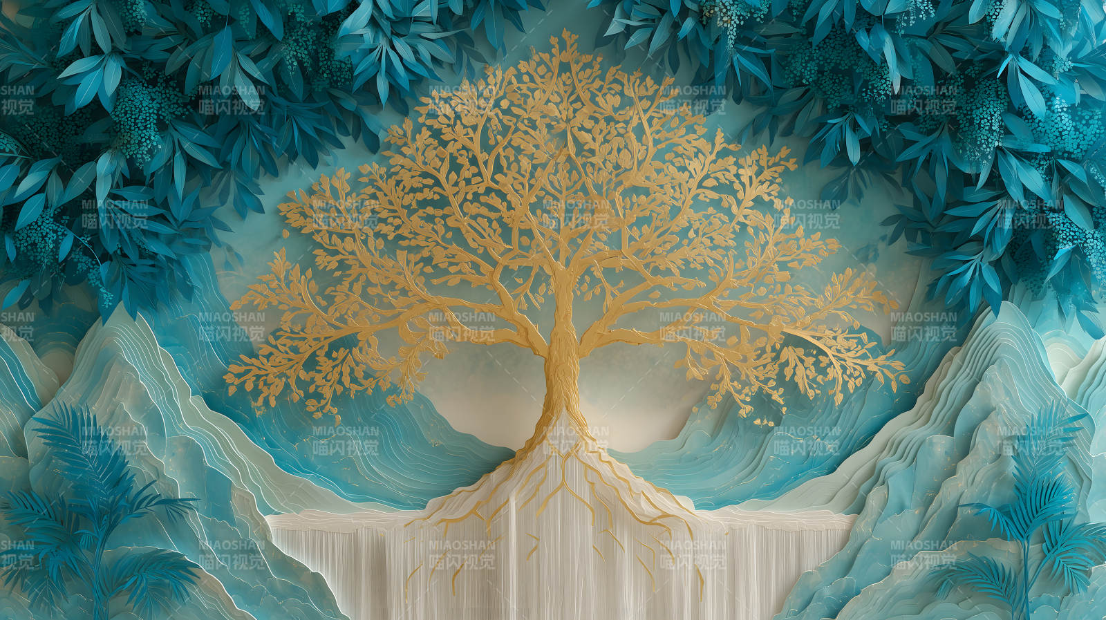 金树与蓝叶构成唯美景象-图片