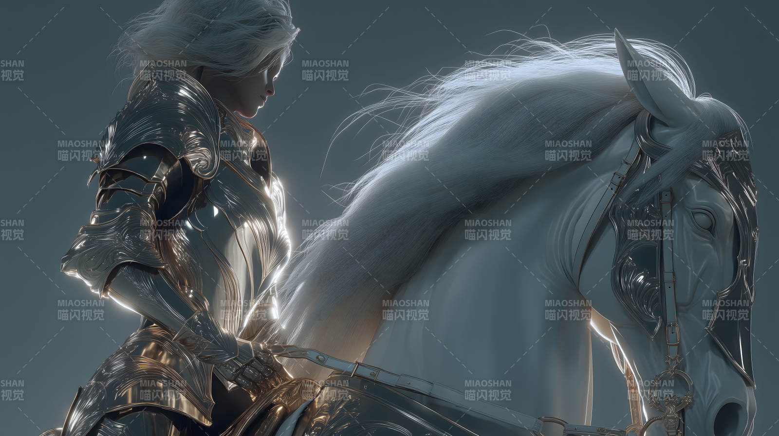 银甲骑士与白马-图片