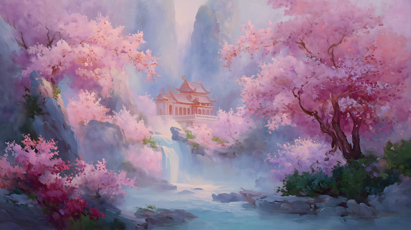 粉色樱花掩映下的东方庭院图片