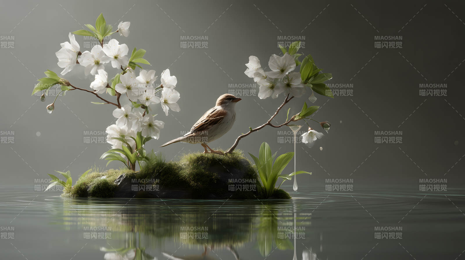 鸟栖花枝绿水涟漪图片