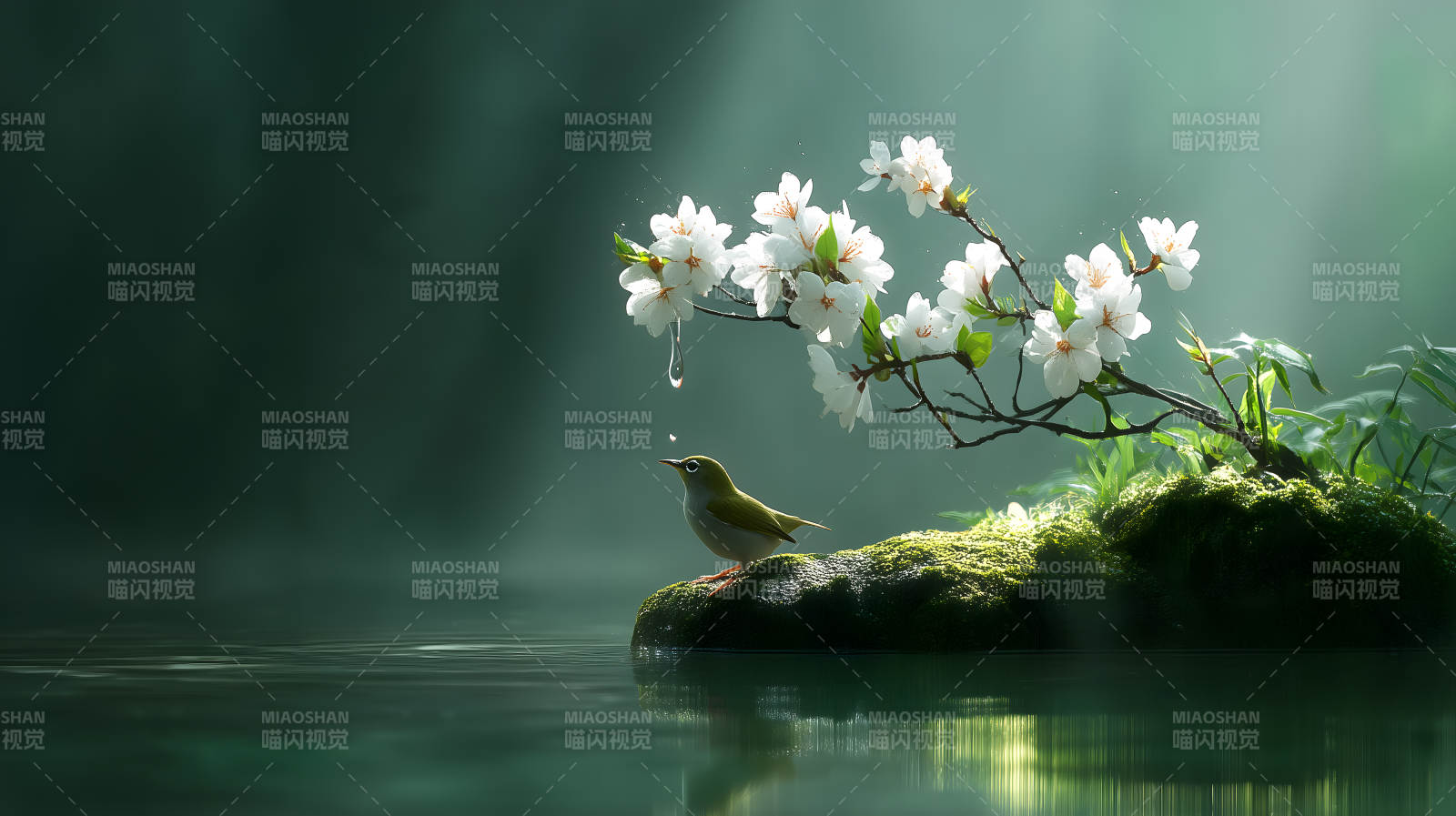 鳥兒花枝傍水而憩-圖片