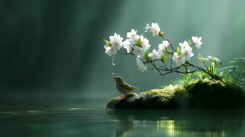 鳥兒花枝傍水而憩-圖片